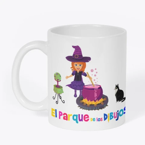 Taza de la Bruja Luna haciendo la poción mágica en el caldercon más el logo de El Parque de los Dibujos